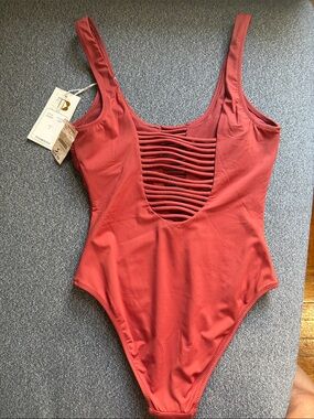 Rust Red Women's One-Piece Swimsuit with Ladder Front Detail